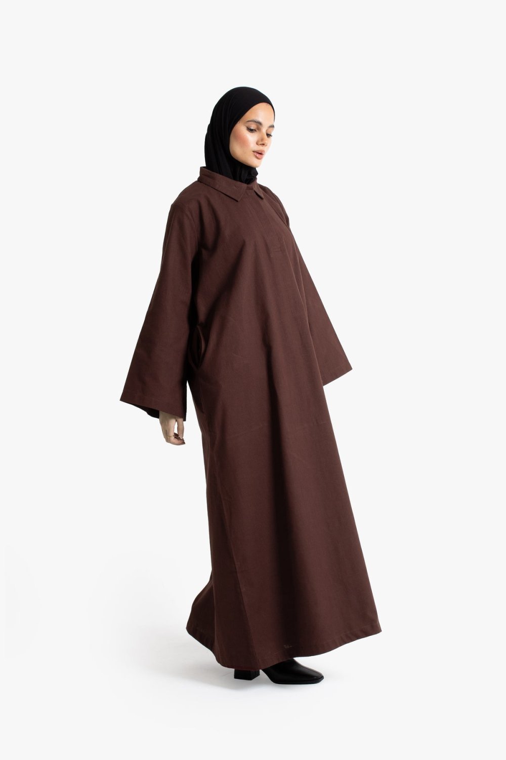 Abaya b col chemise, coton m7bbeb - 9ehwi