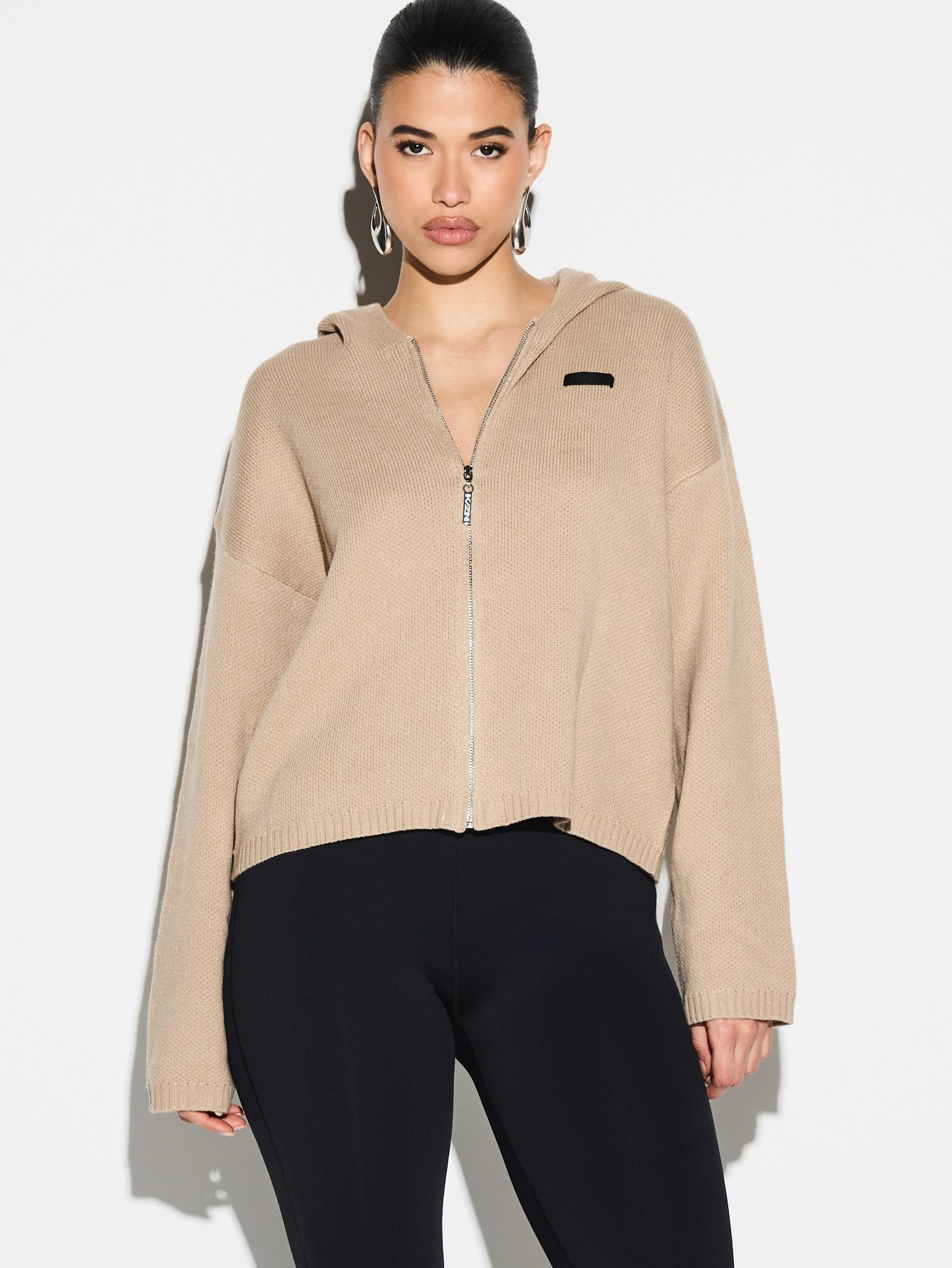 Knitted zip-up hoodie with contrast trim