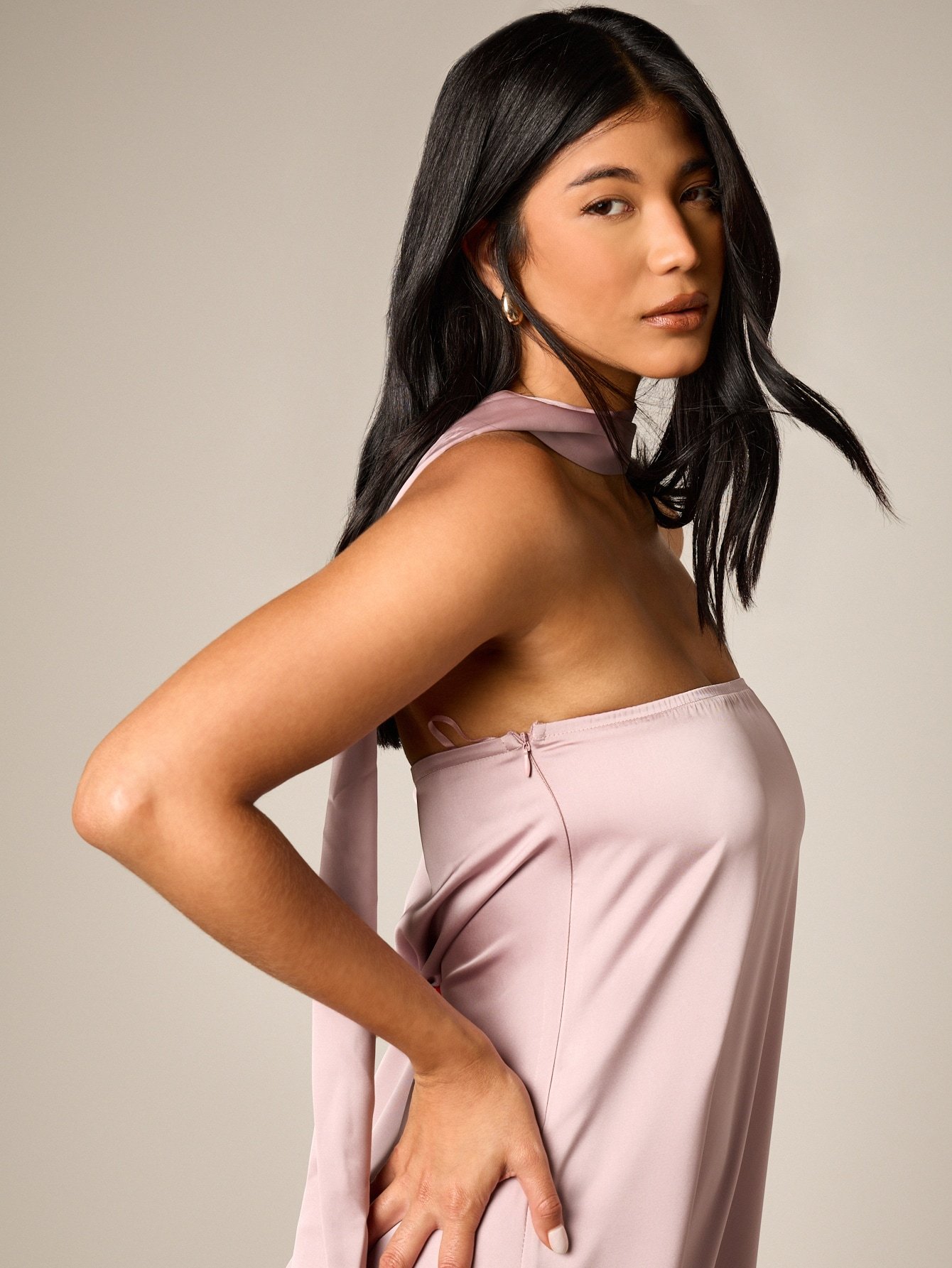 Strapless evening gown with satin scarf detail