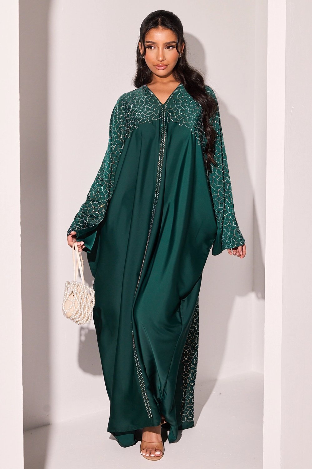 Dark green abaya with leaf rhinestones
