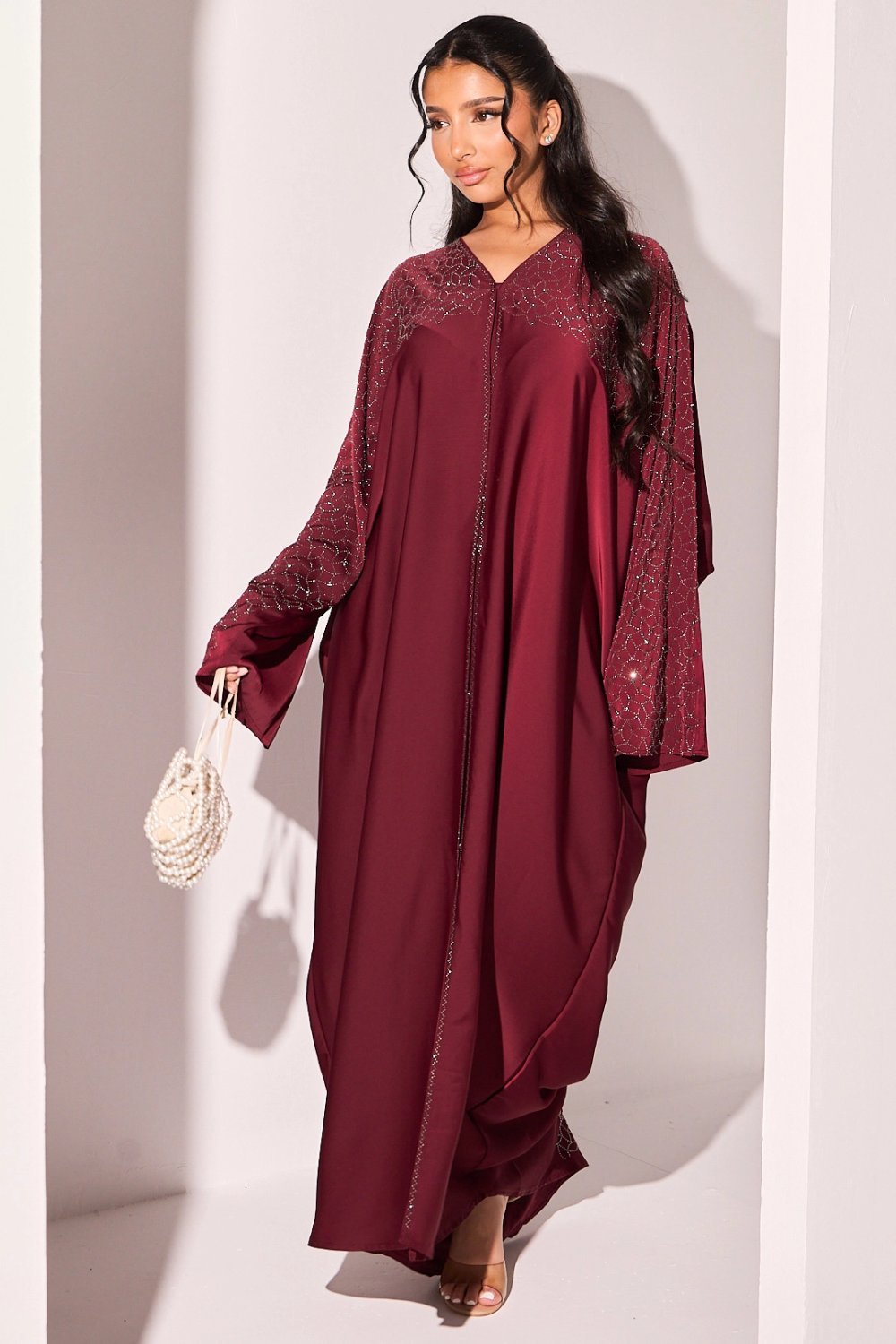 Abaya kimono bordeaux b strass wraq w voile
