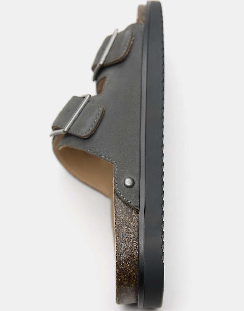Leather flat buckle sandals in grey
