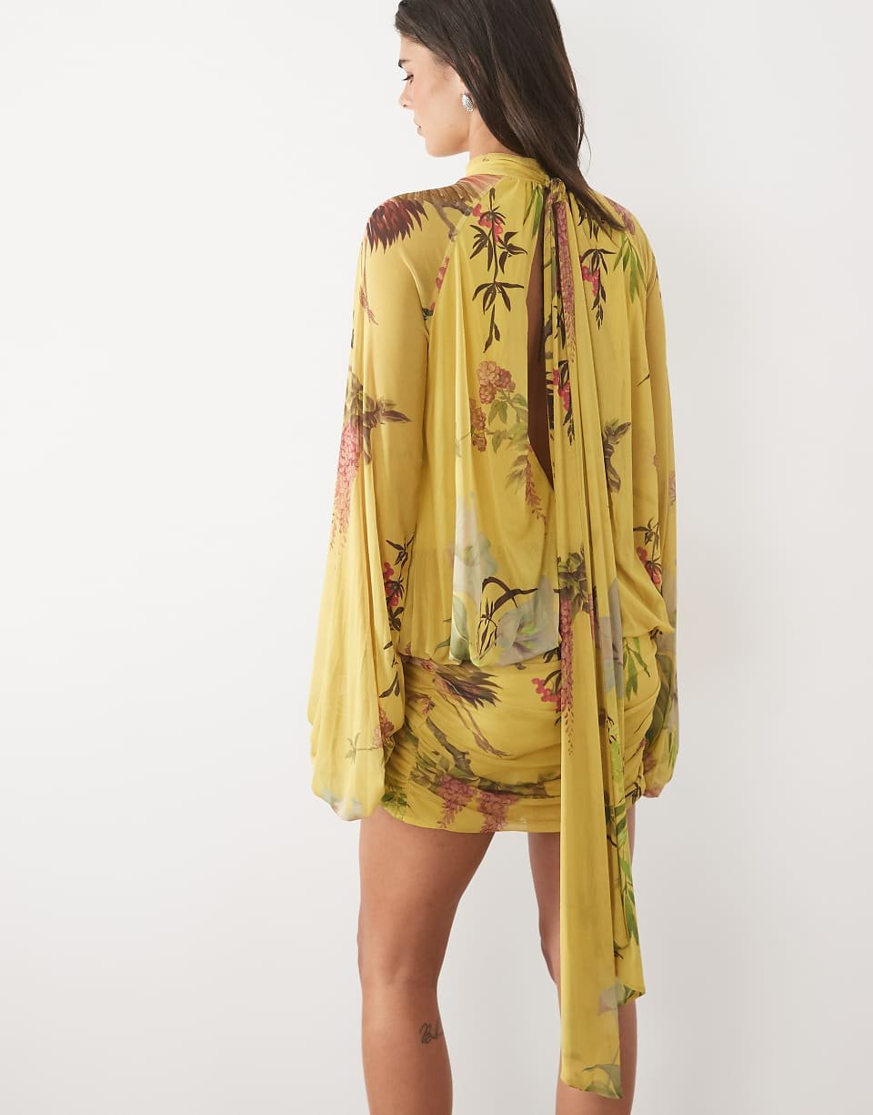 Short floral-print tulle drop-waist blouson dress with tie neck in chartreuse green