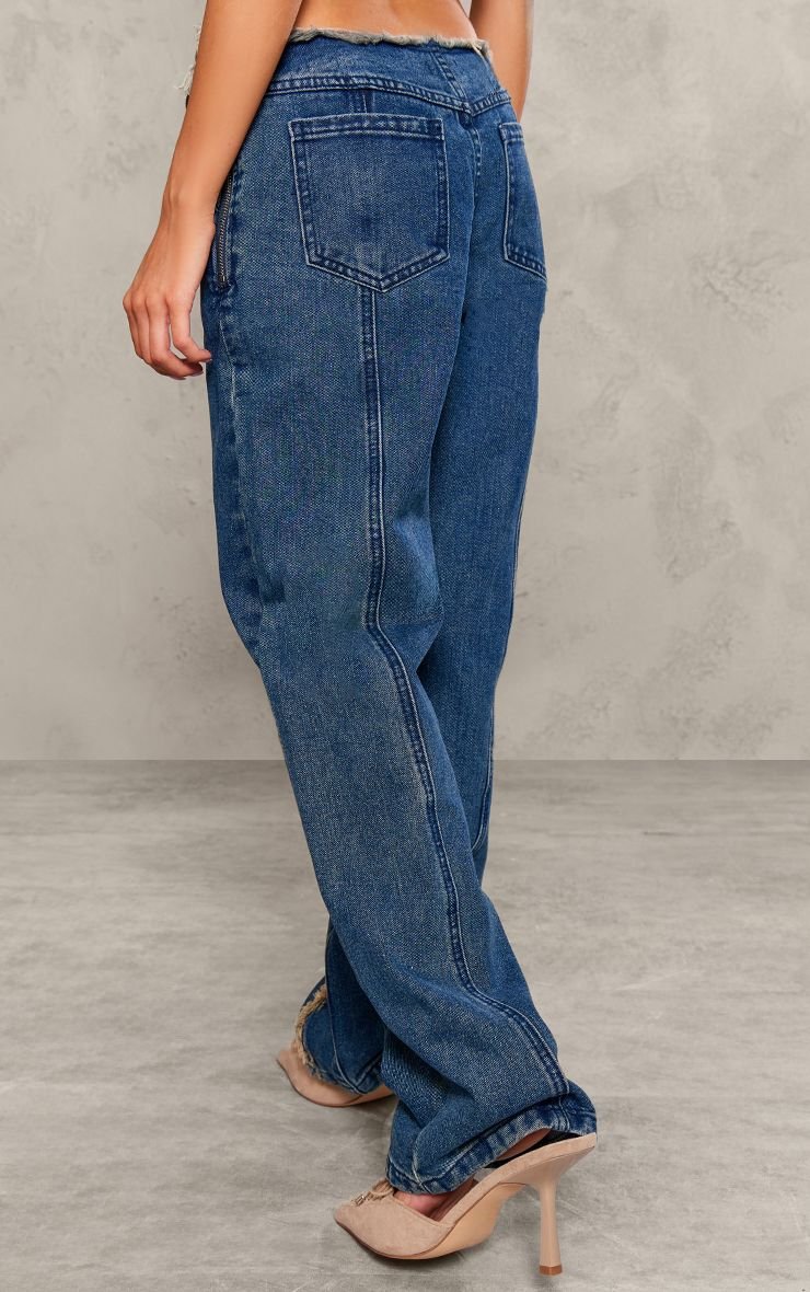 Jean En Denim Délavé Bleu Moyen Petite Taille Avec Détails De Lacets Et Effilochage