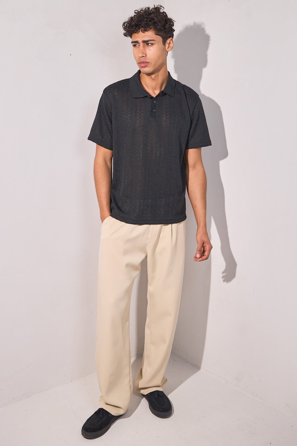 Black lightweight knit polo shirt