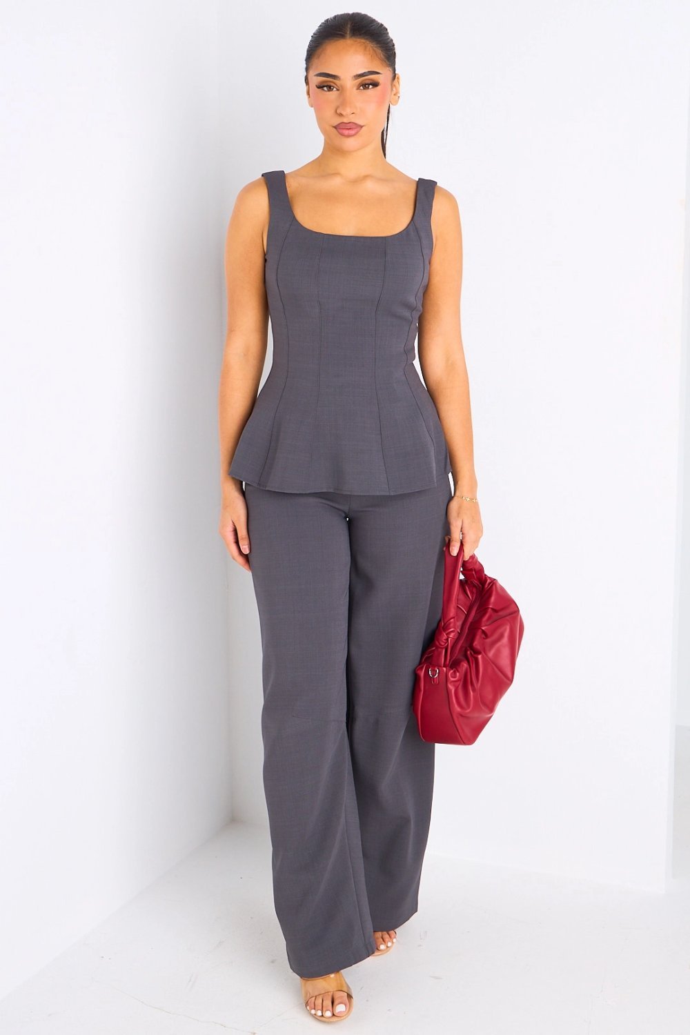 Ensemble top b bretelles w pantalon droit gris