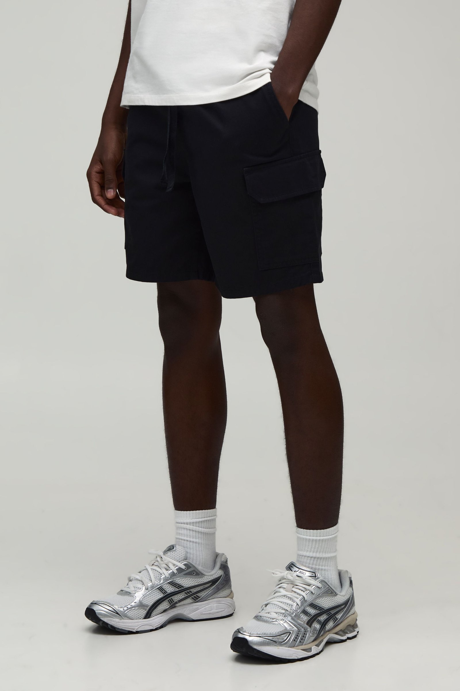 Short Cargo Essentiel En Twill Mi-long À Taille Élastiquée Coupe Slim