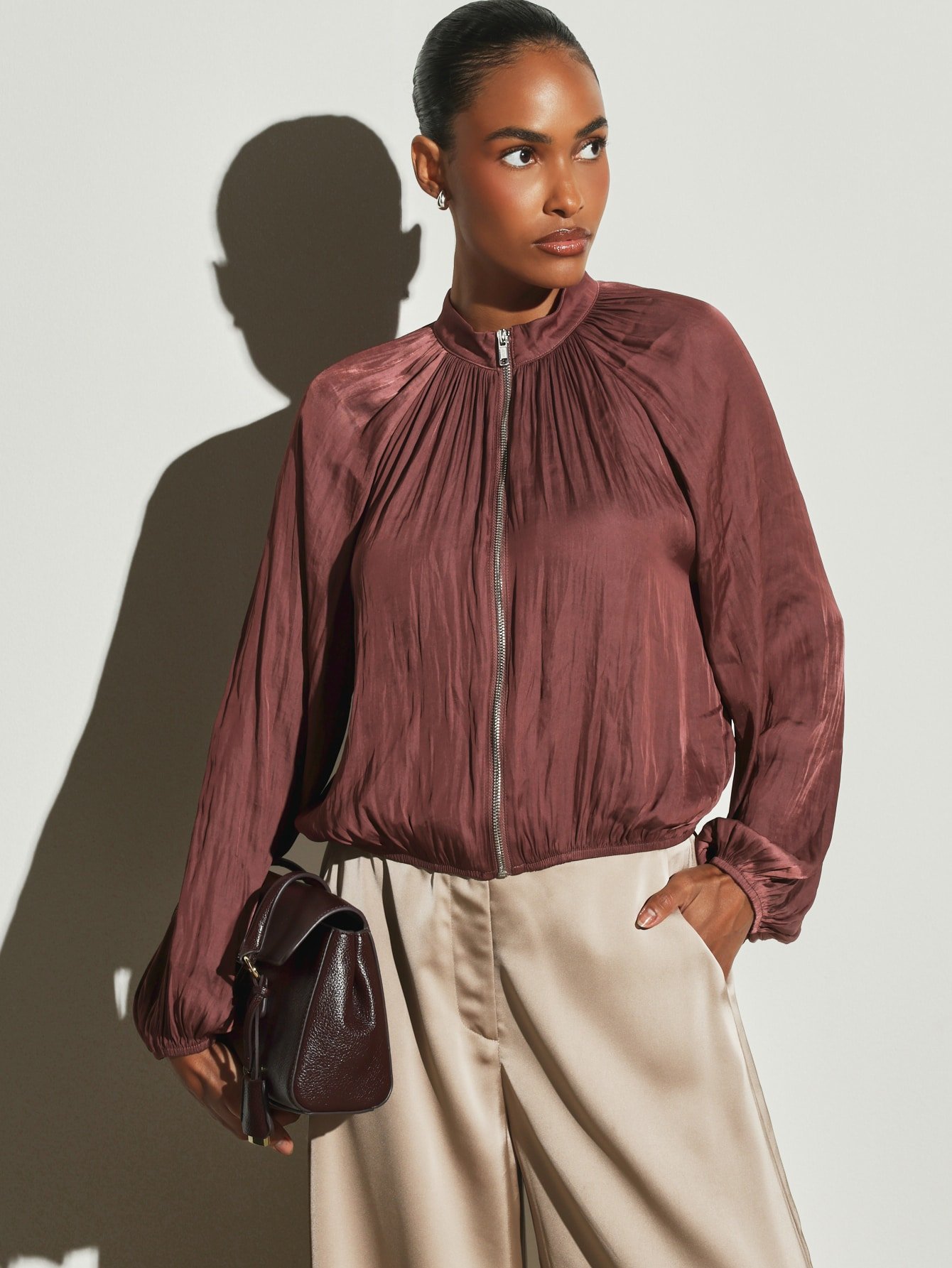 Veste Bomber En Satin Avec Col Montant Froncé