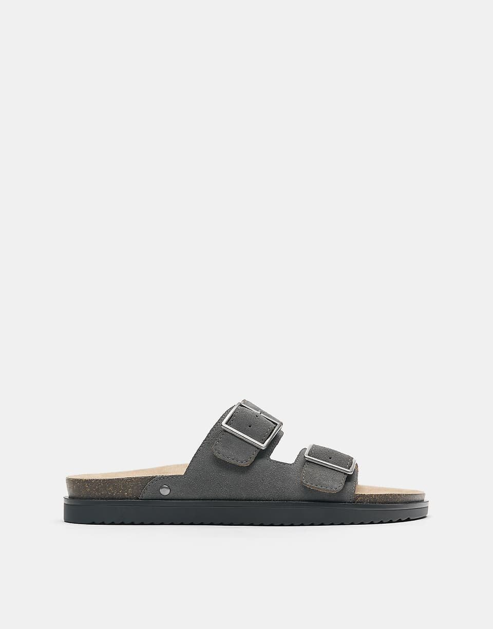 Sandales plates en cuir à boucle - Gris