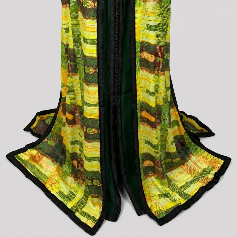 Dark green crêpe takchita with yellow motifs