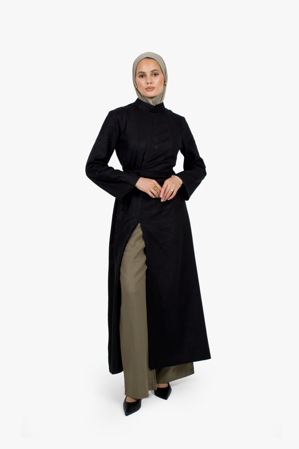 Ruched slit linen cotton maxi dress - Black