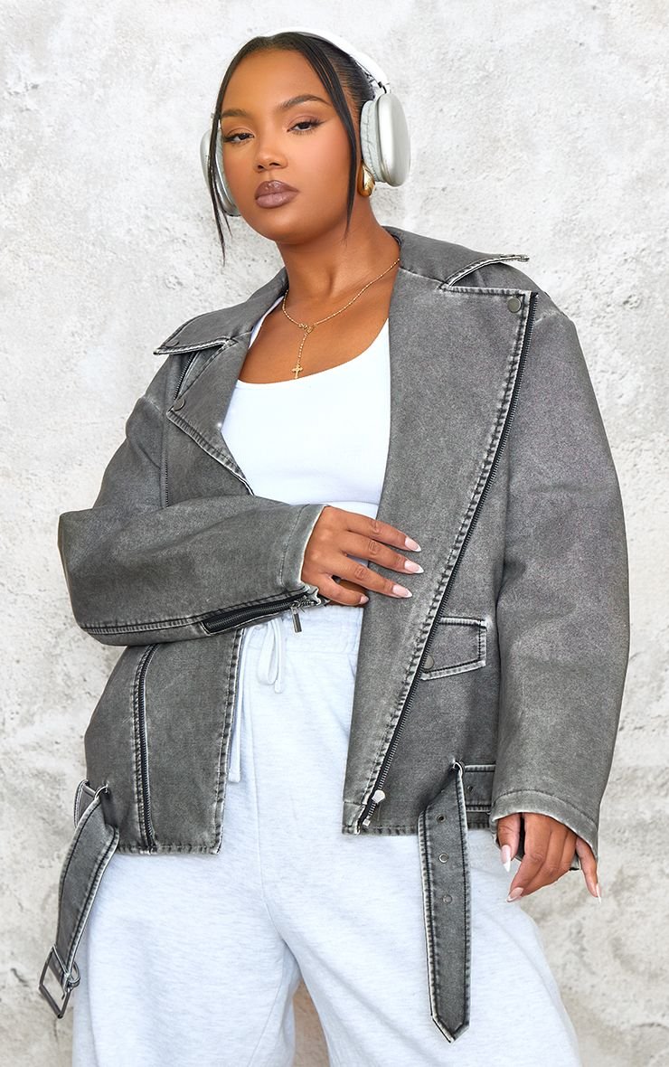 Plus Distressed PU Leather Longline Biker Jacket