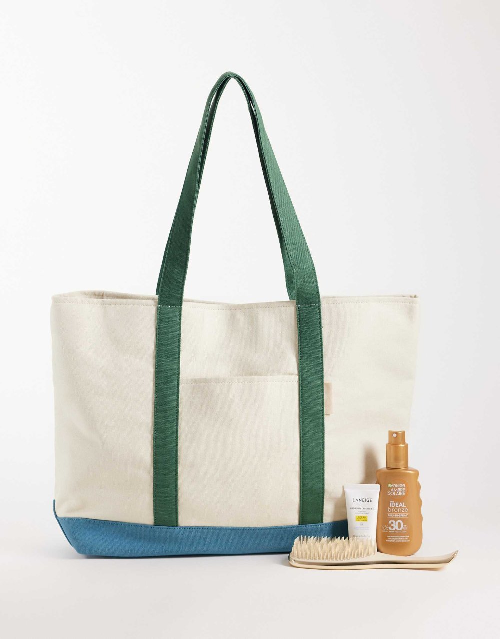Ecru colour block canvas tote bag