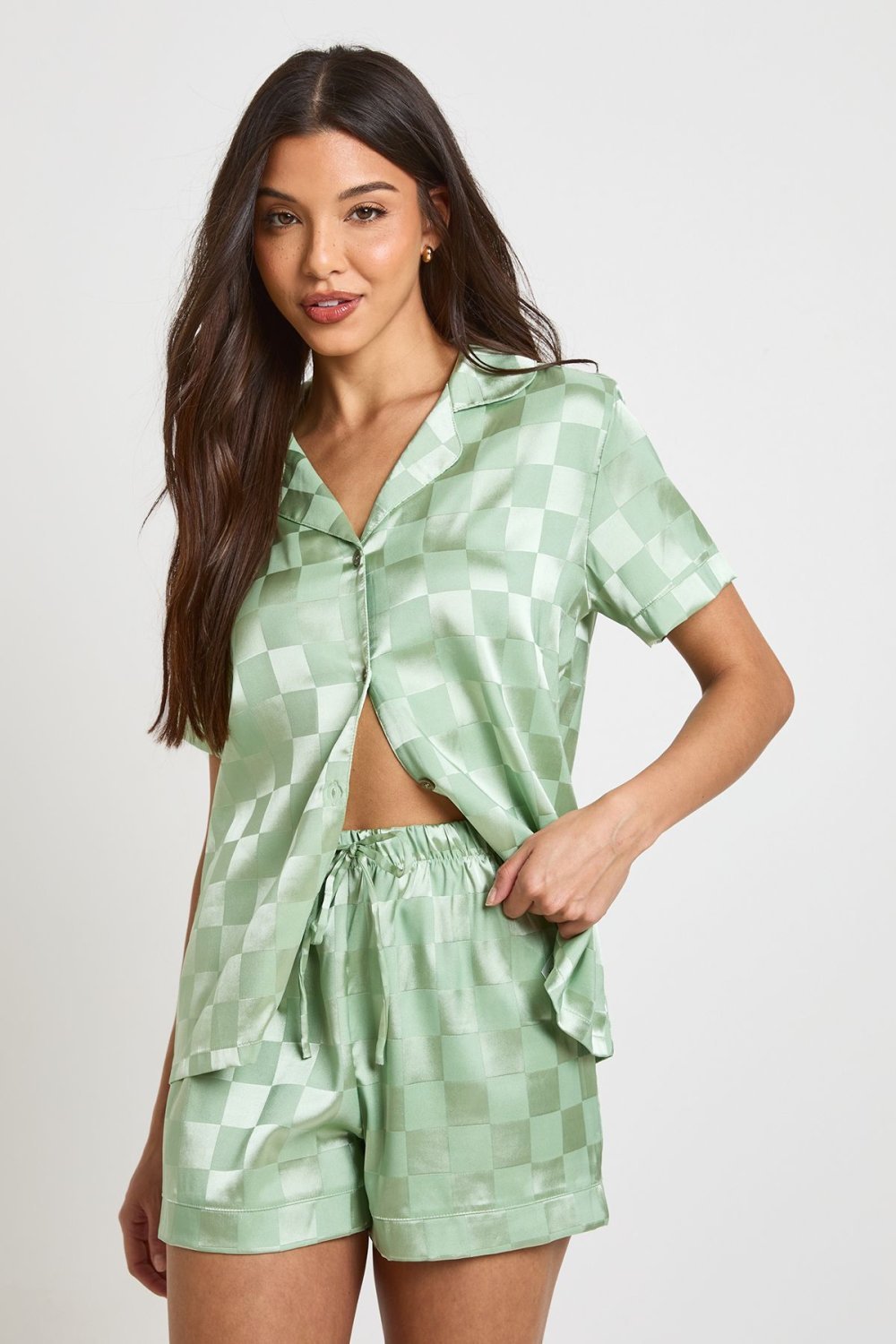 Pyjama chemise w short f satin jacquard b damier