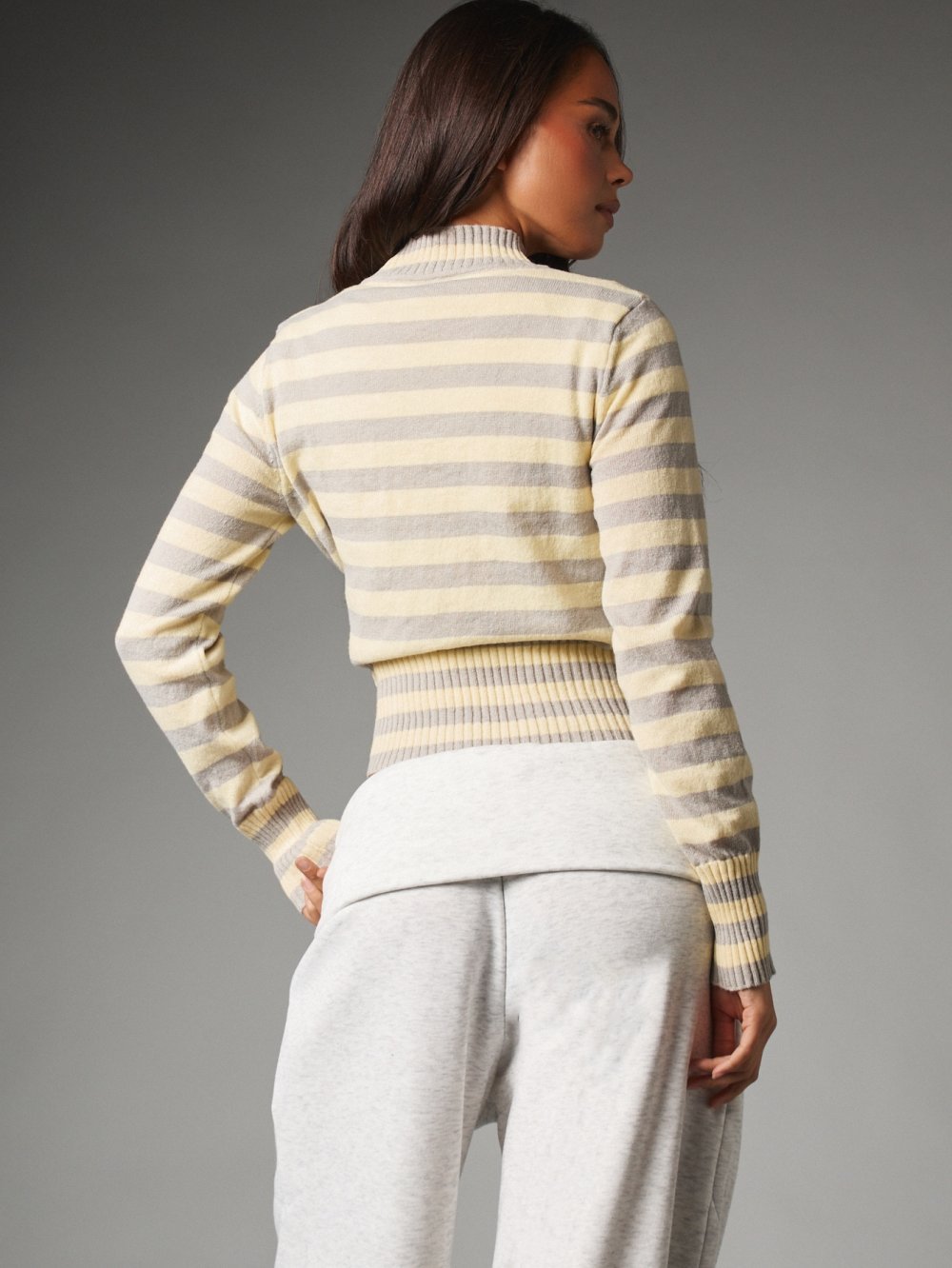 Striped high-neck zip cardigan