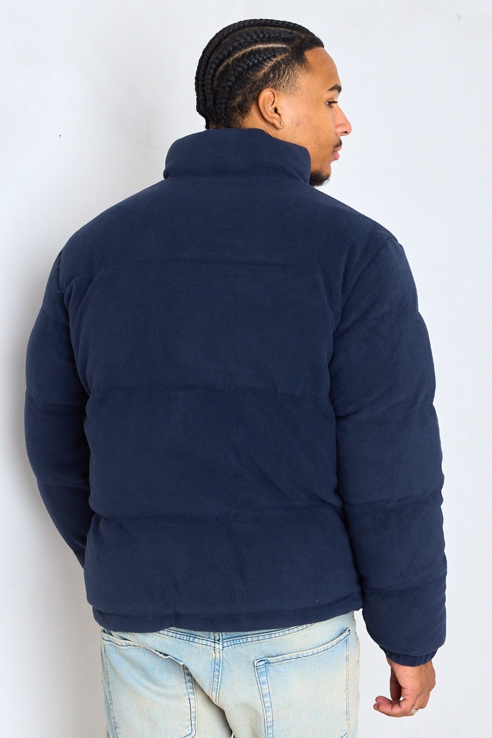 Navy puffer jacket with high neck