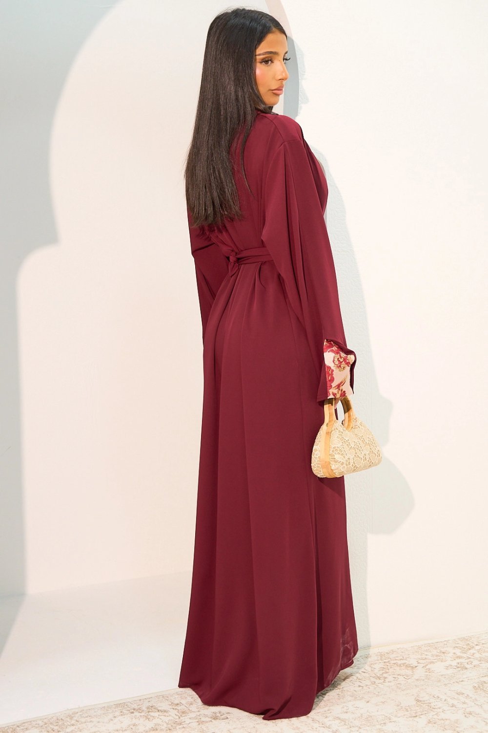 Burgundy sleeveless dress and kimono set