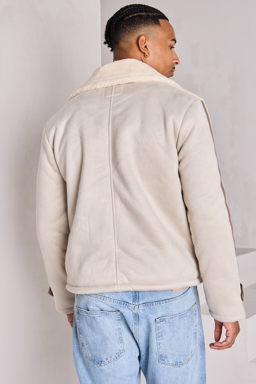 White suede-look aviator jacket with shearling