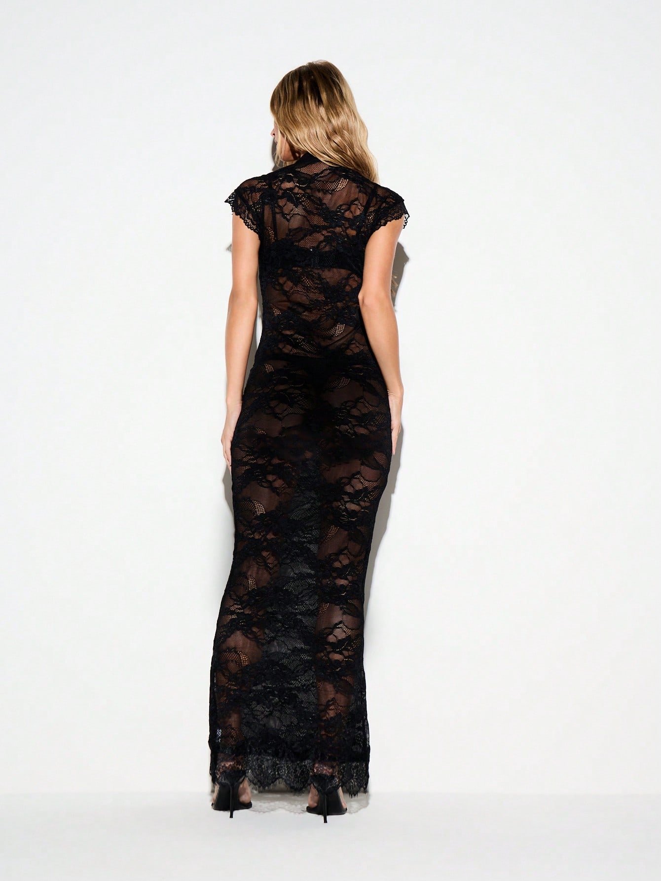 Sheer floral lace high neck maxi dress