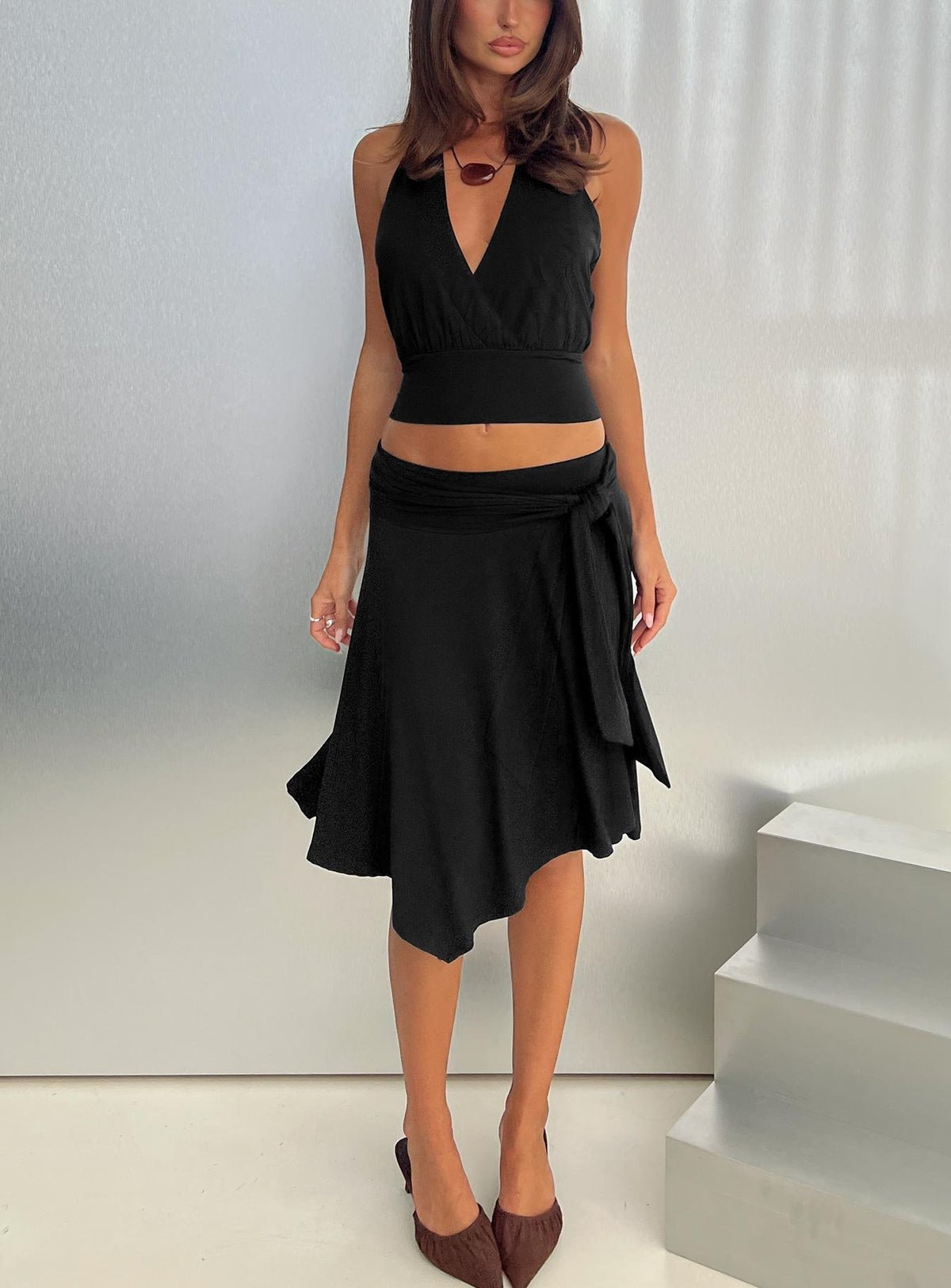 Tie-waist asymmetric midi skirt