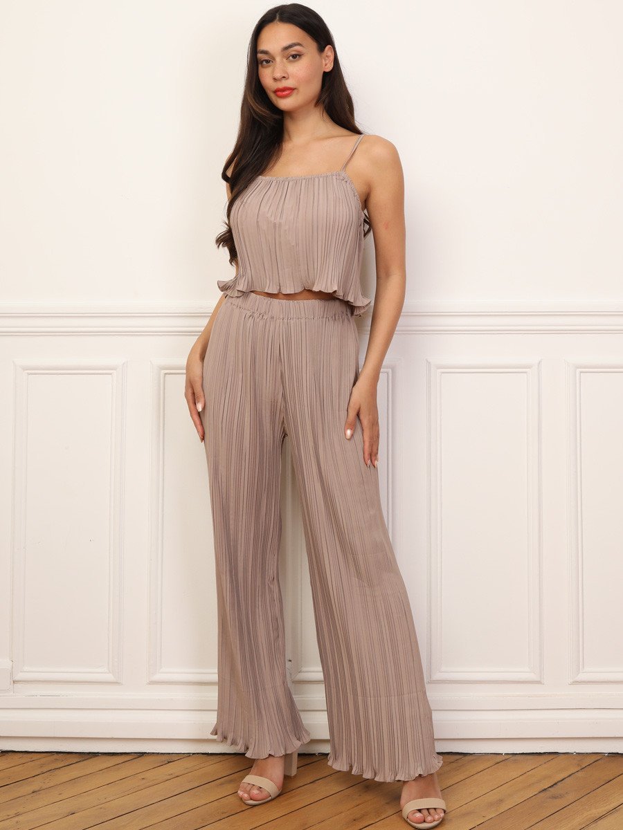 Ensemble top court et pantalon plissés taupe