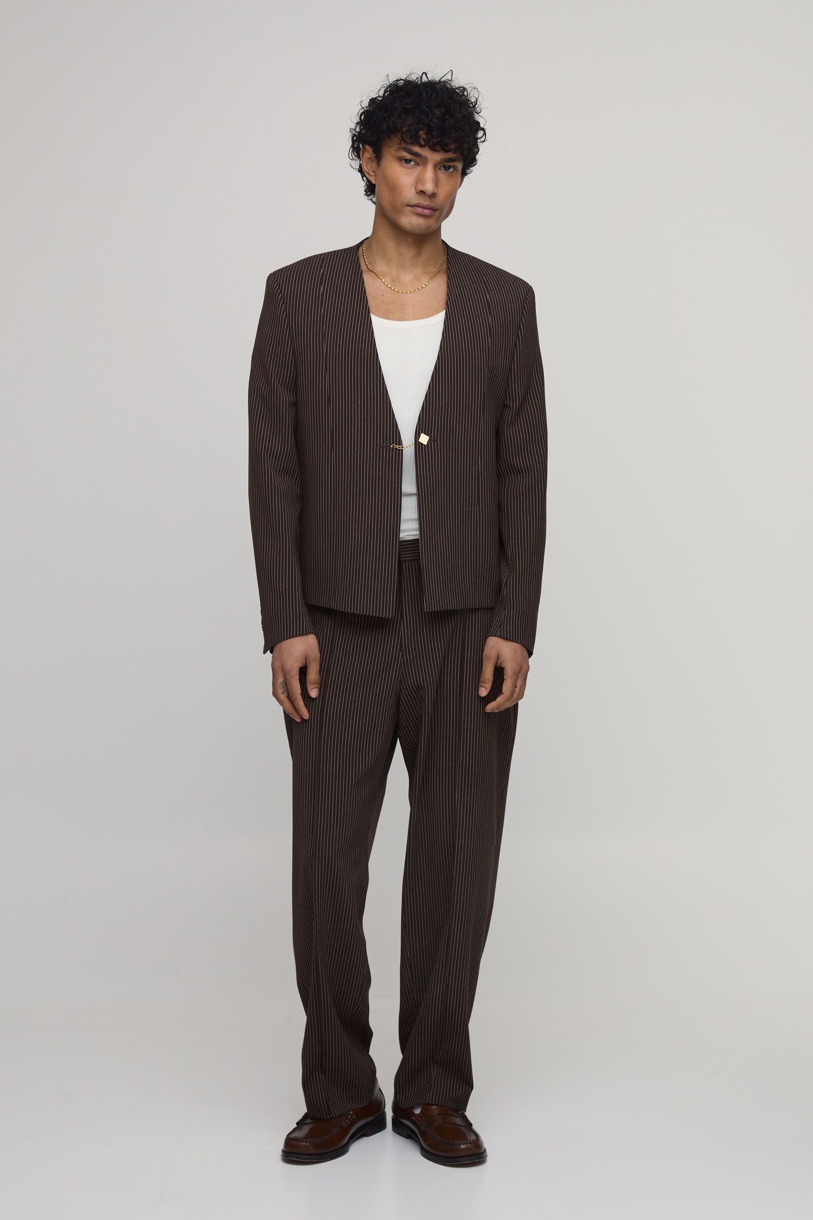 Boxy Oversized Collarless Pinstripe Blazer