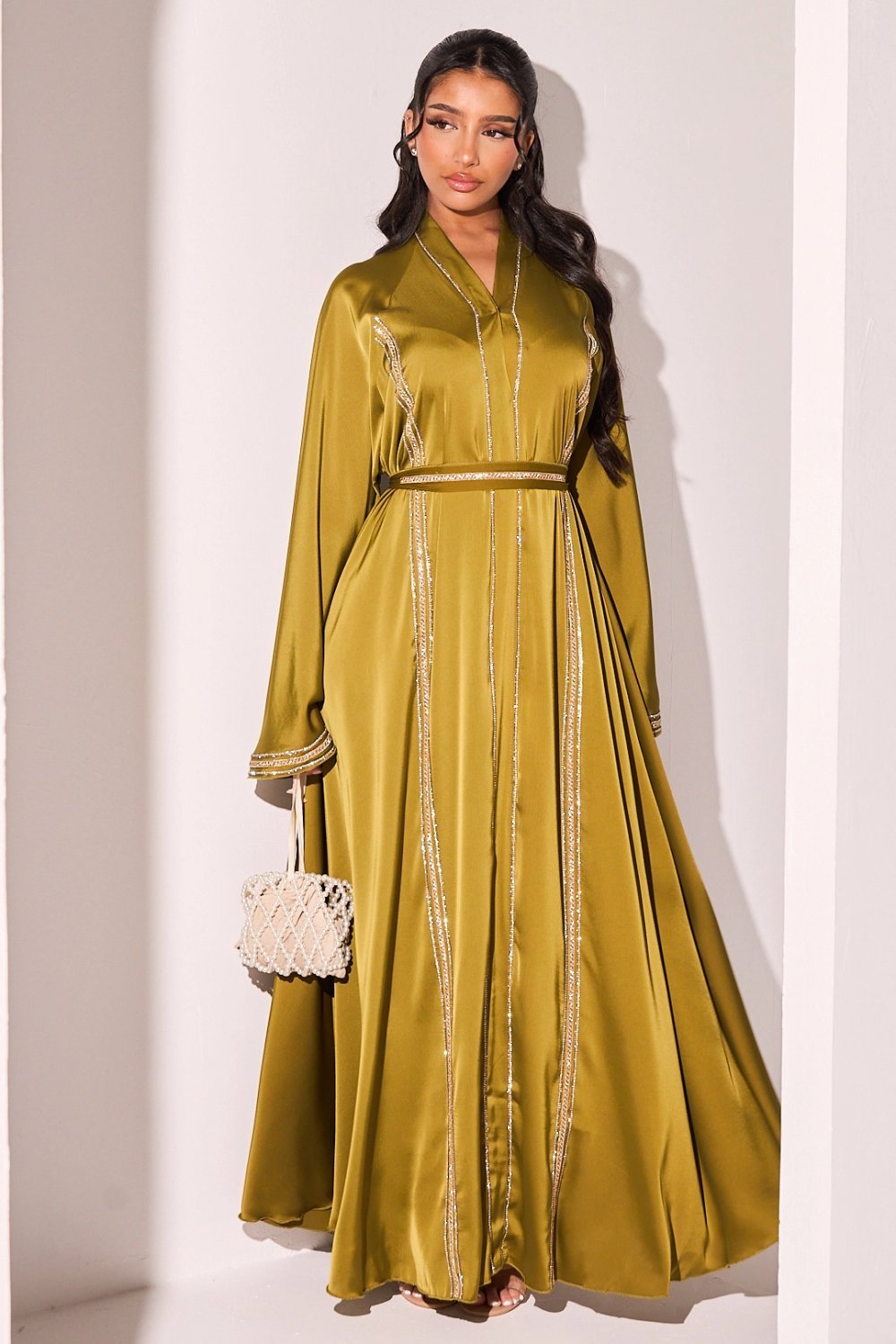Olive green abaya with two-tone rhinestone stripes