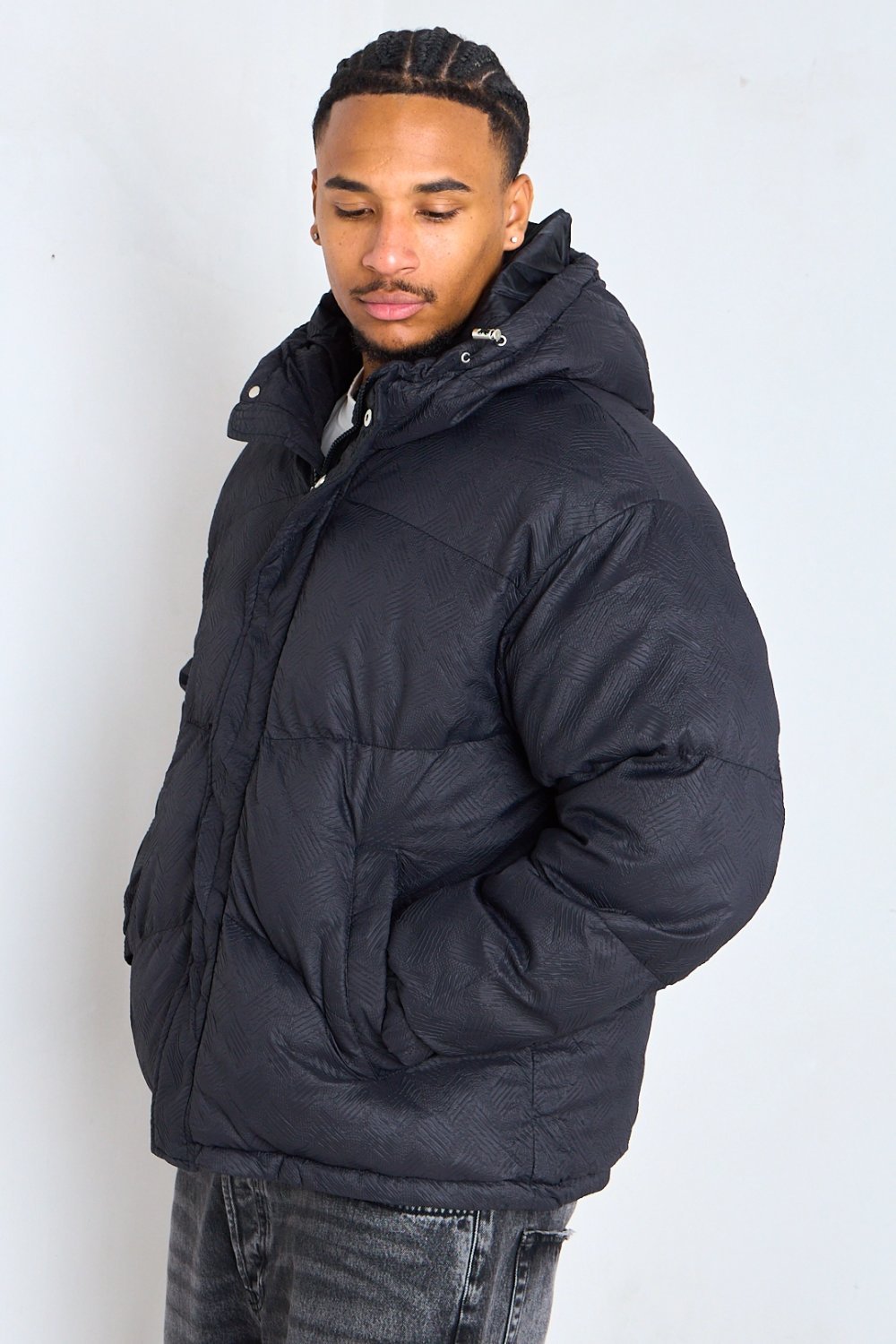 Black textured hooded puffer jacket