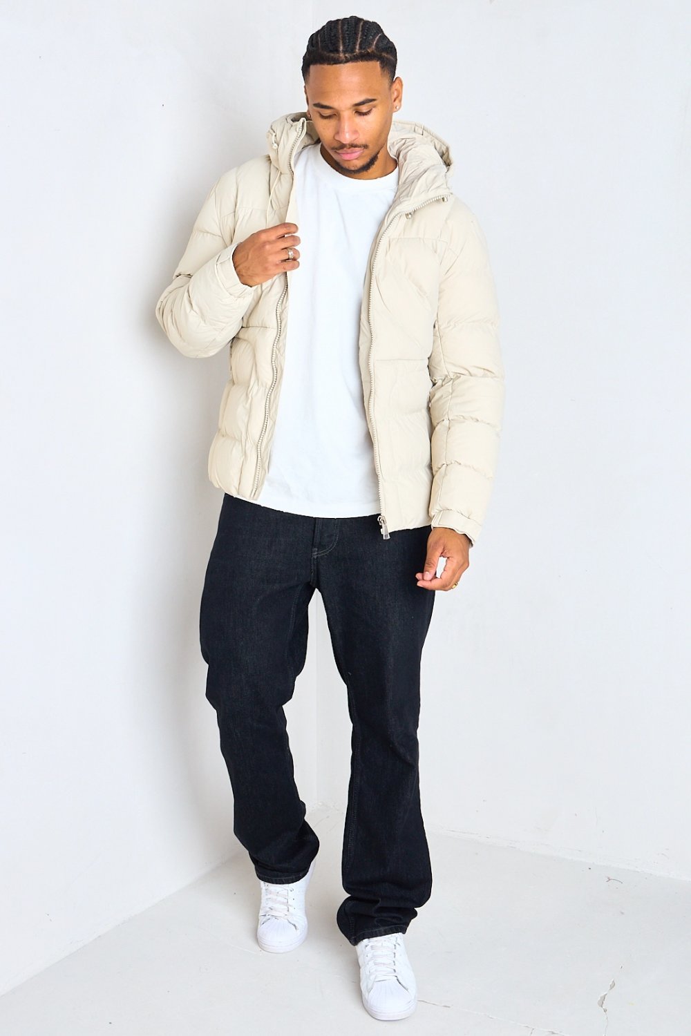 Beige quilted hooded puffer jacket