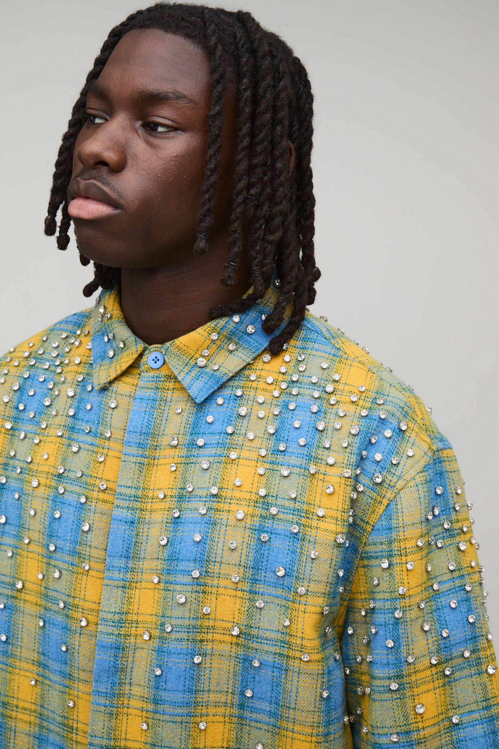 Chemise À Carreaux Manches Mi-longues Coupe Boxy Avec Strass Et Bijoux