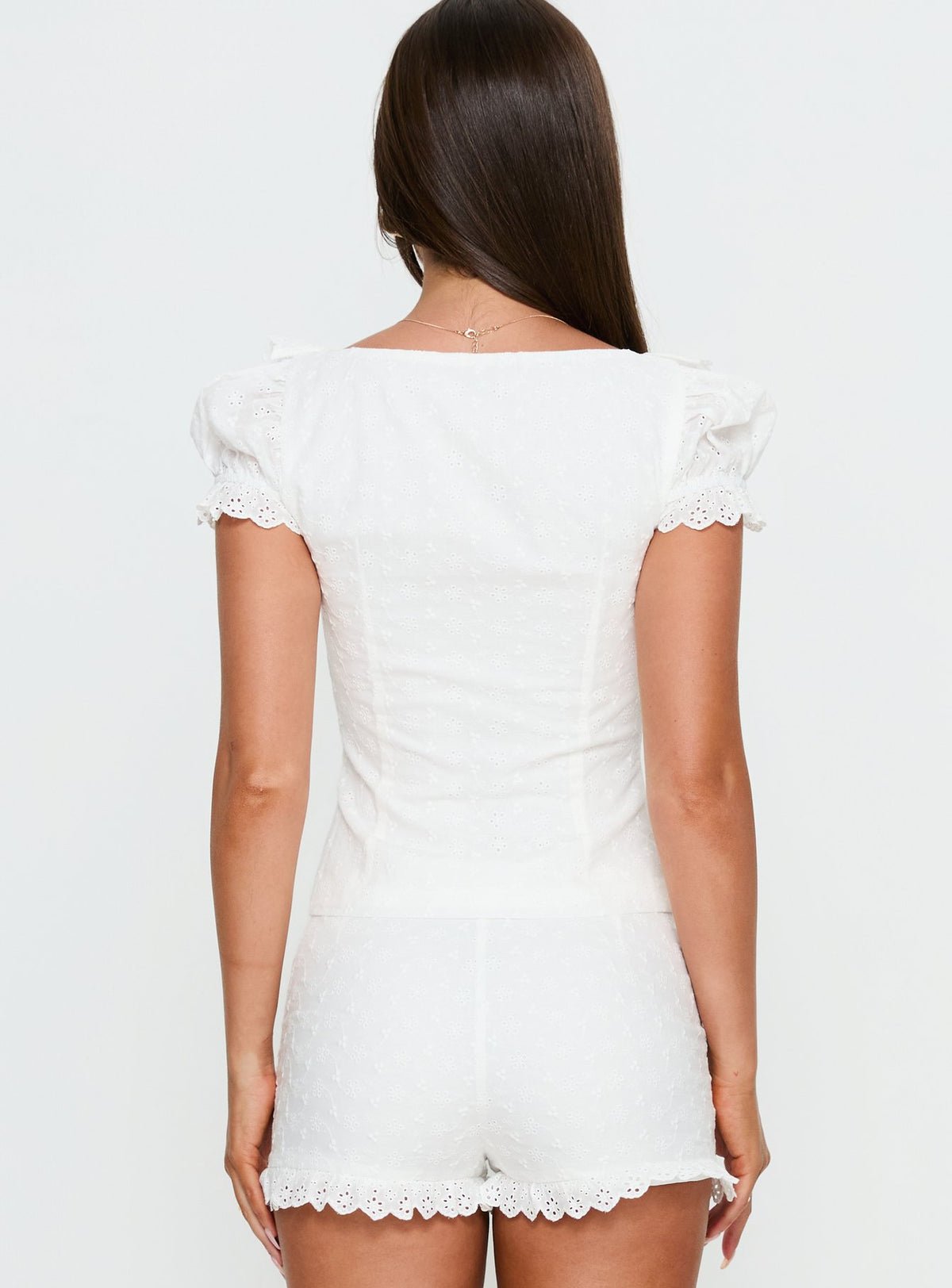 Button-up frill top with lace-trim cap sleeves