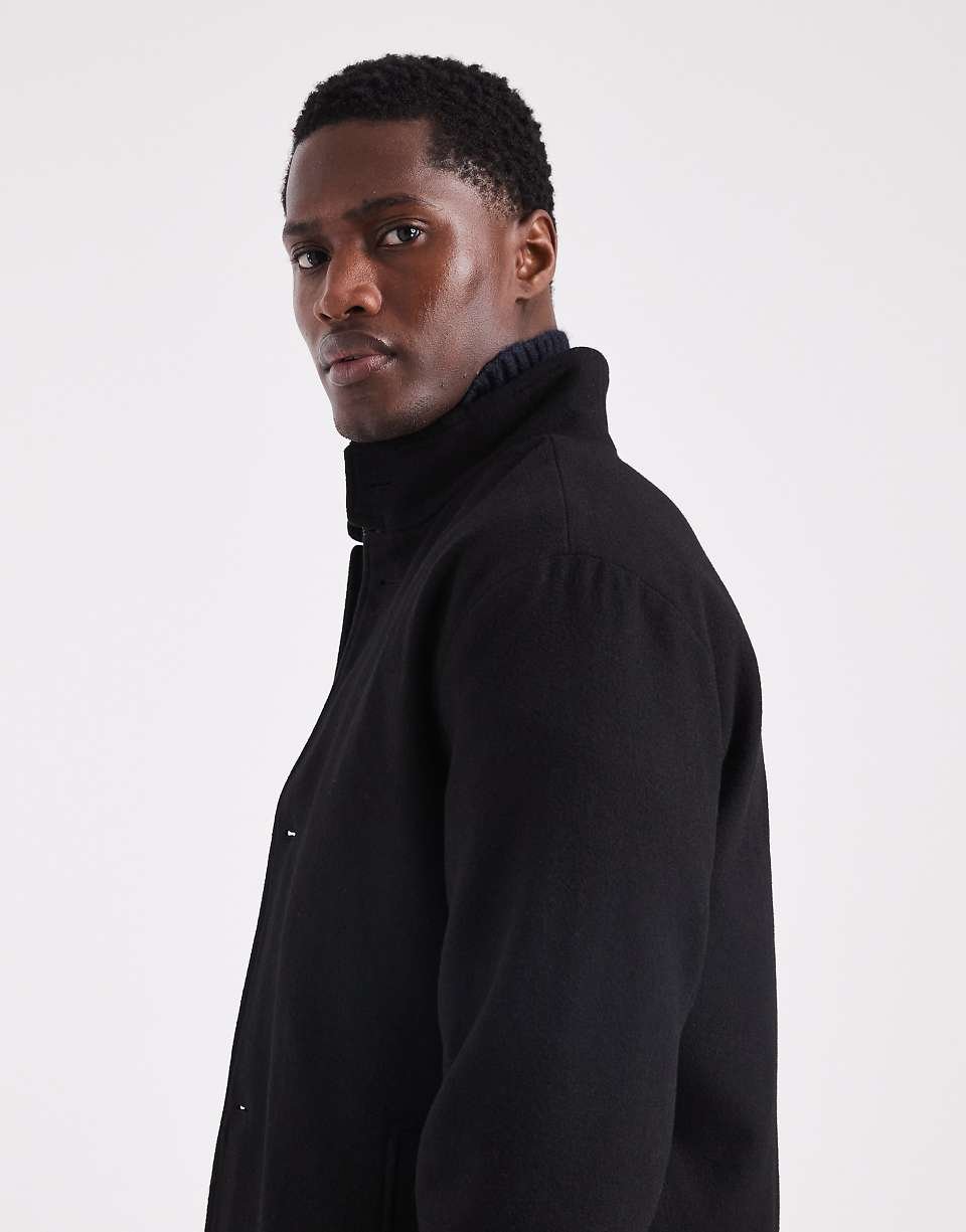 Wool Blend Funnel Neck Overcoat - Black