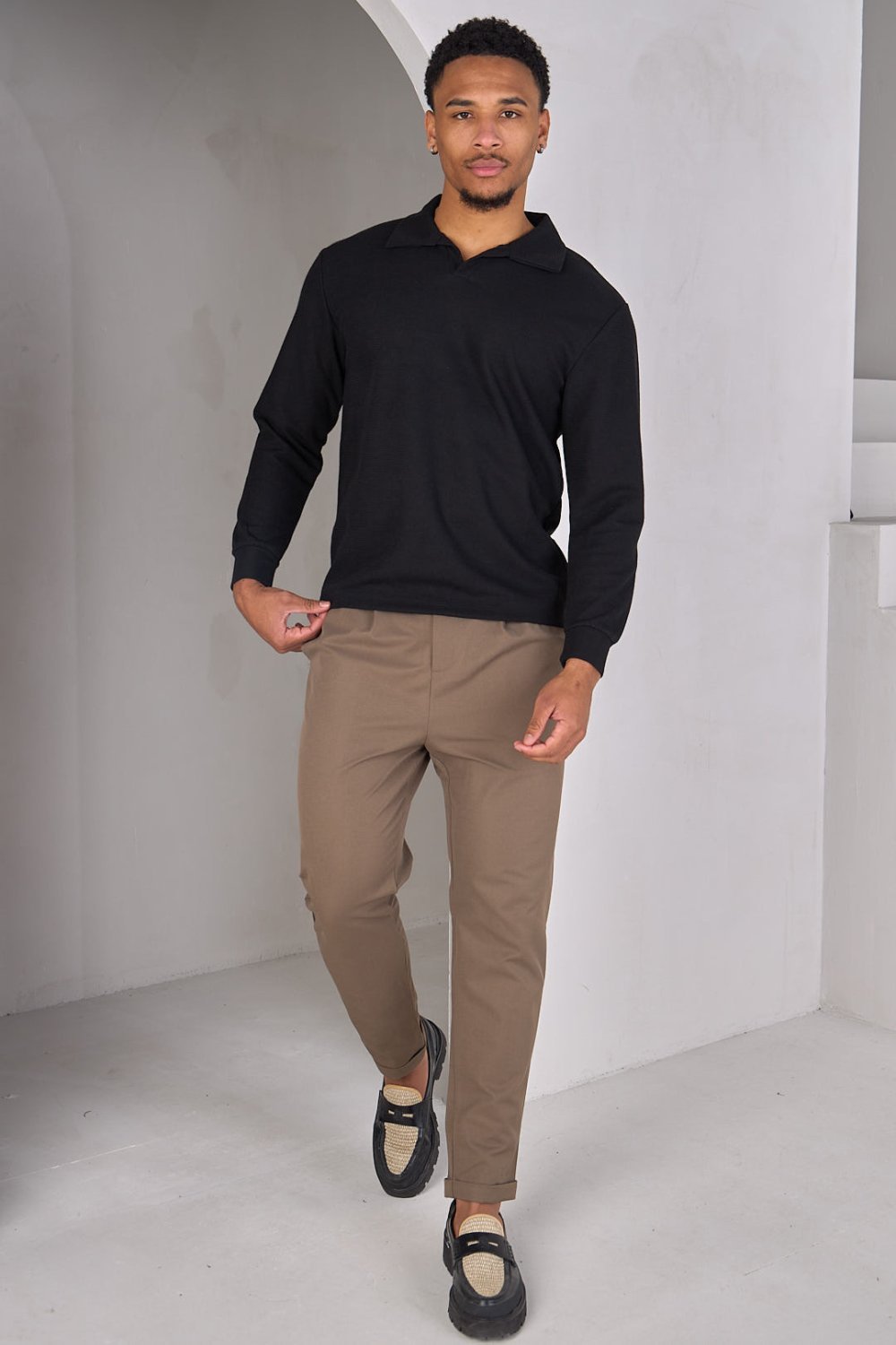 Black textured jumper with shirt collar