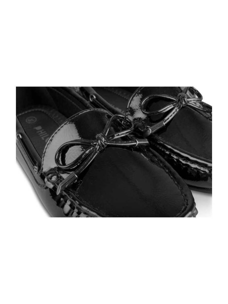 Black patent loafers with bow