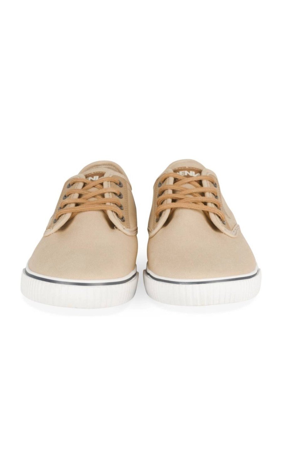 Beige canvas sneakers with tan heel tab