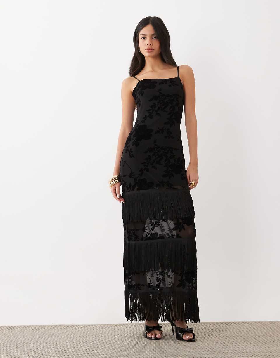 Robe longue en tulle dévoré à fleurs avec franges en noir