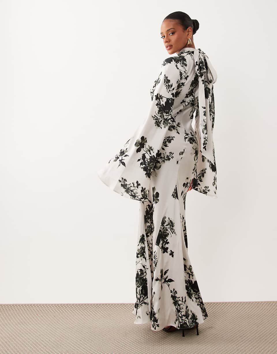 Robe twila satin b fleurs, kmam fendues w détail foulard - K7al w byed