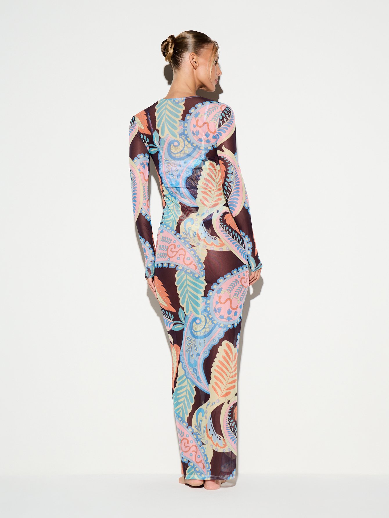 Semi-sheer paisley mesh bodycon dress