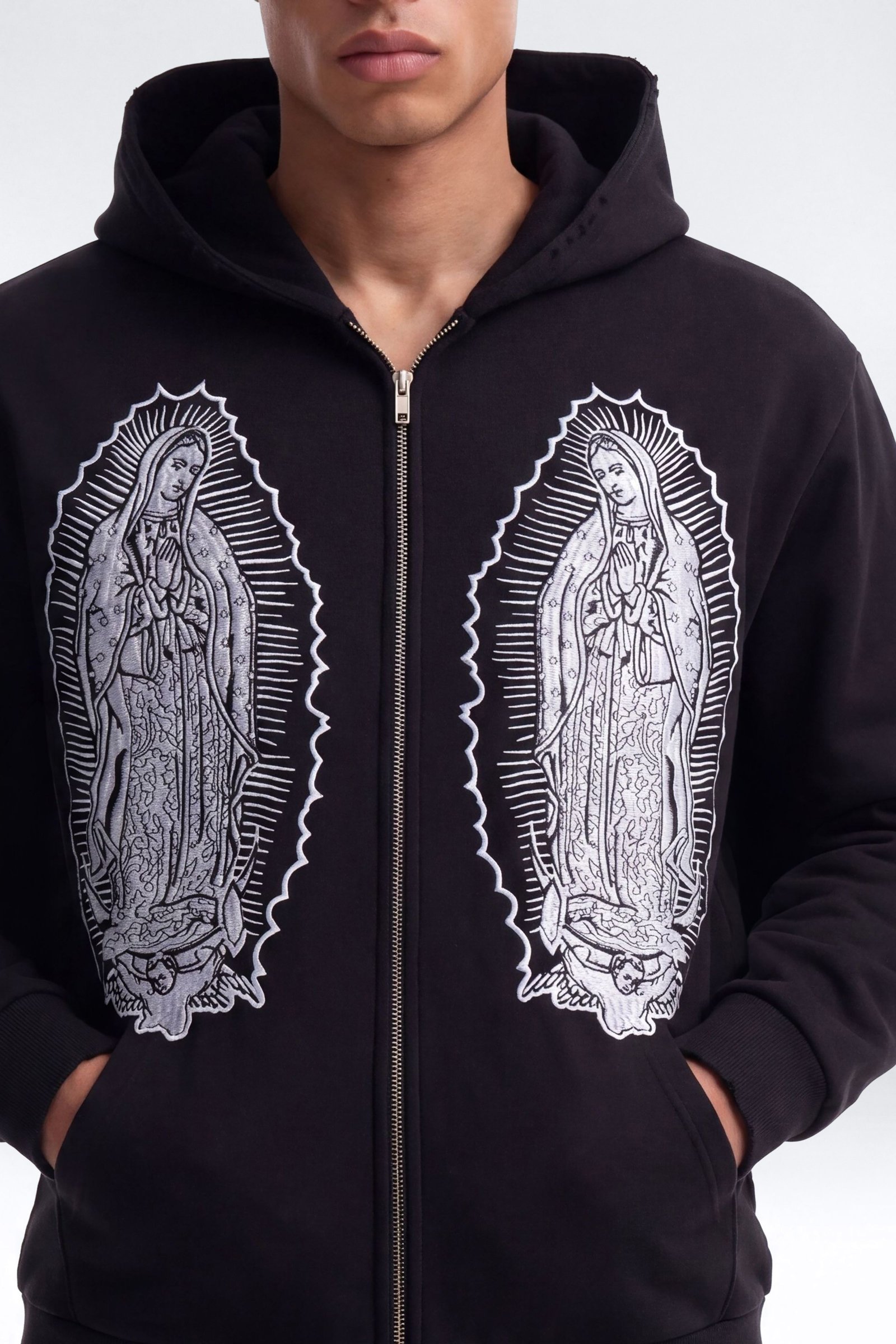 Sweat à capuche zippé oversize délavé à écusson