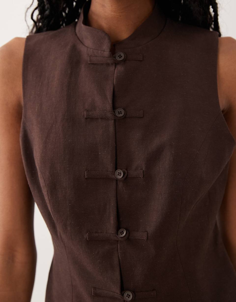 Linen-blend tank top with mandarin collar - Chocolate