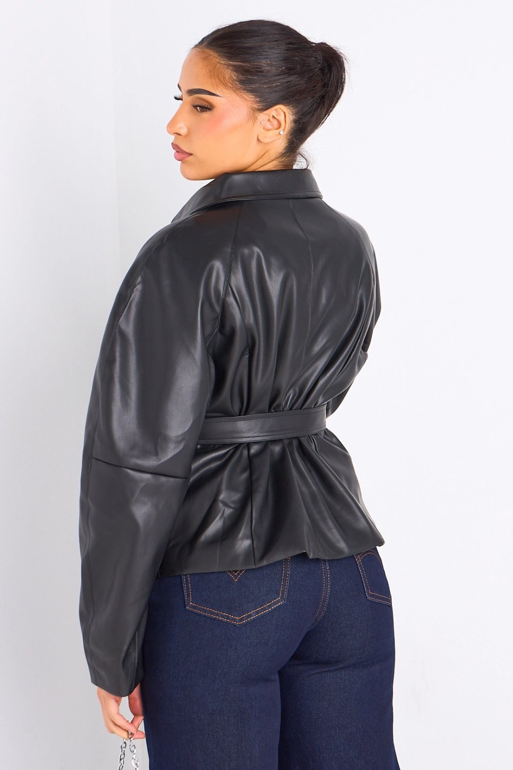 Black belted faux leather jacket