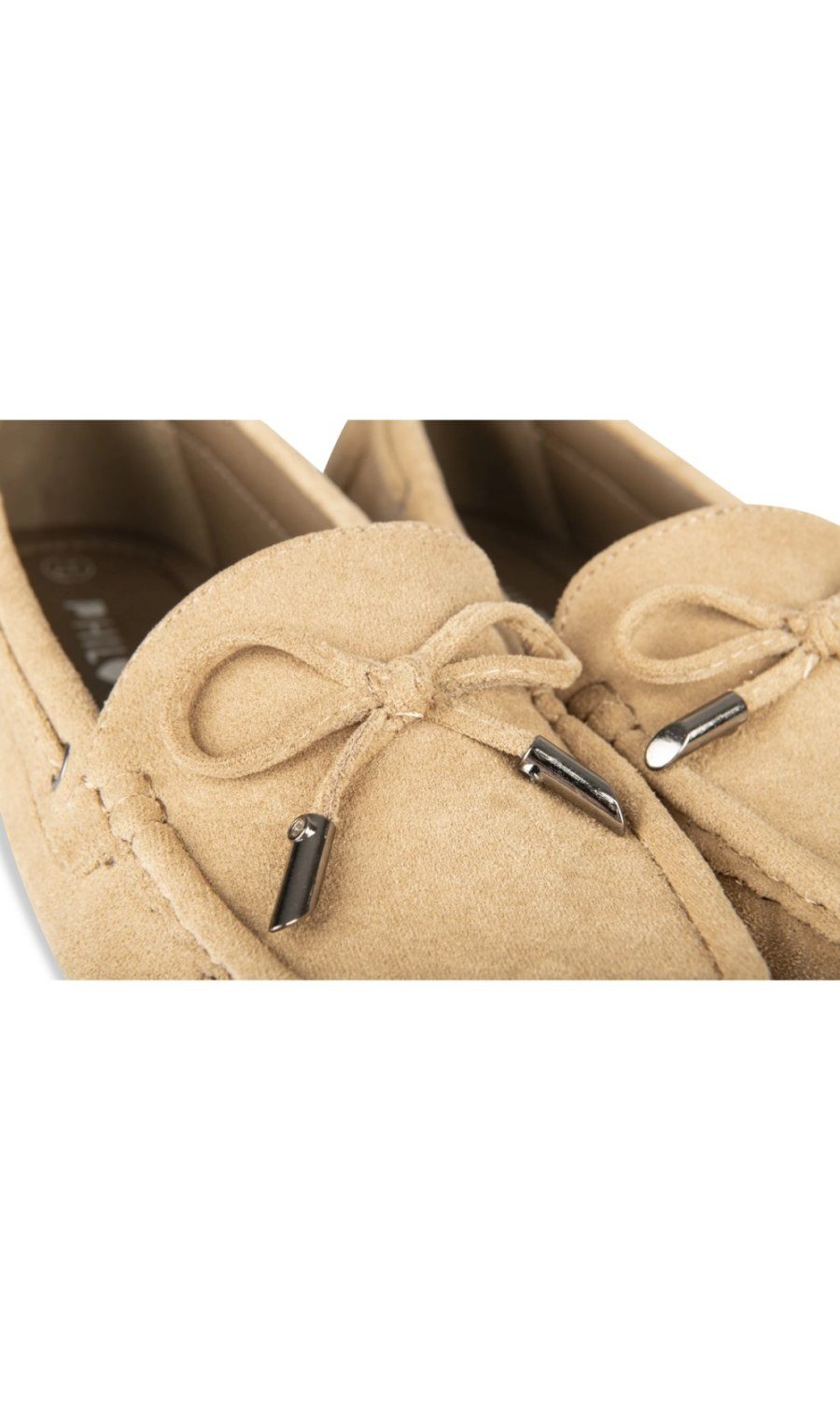 Sand faux suede loafers with bow