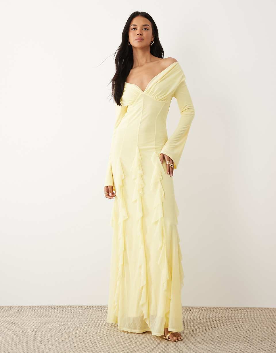 Off-shoulder long-sleeve maxi dress in stretch chiffon with godet skirt in lemon yellow