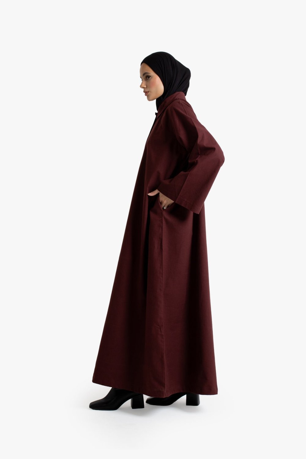 Abaya à col chemise en coton texturé - Bordeaux