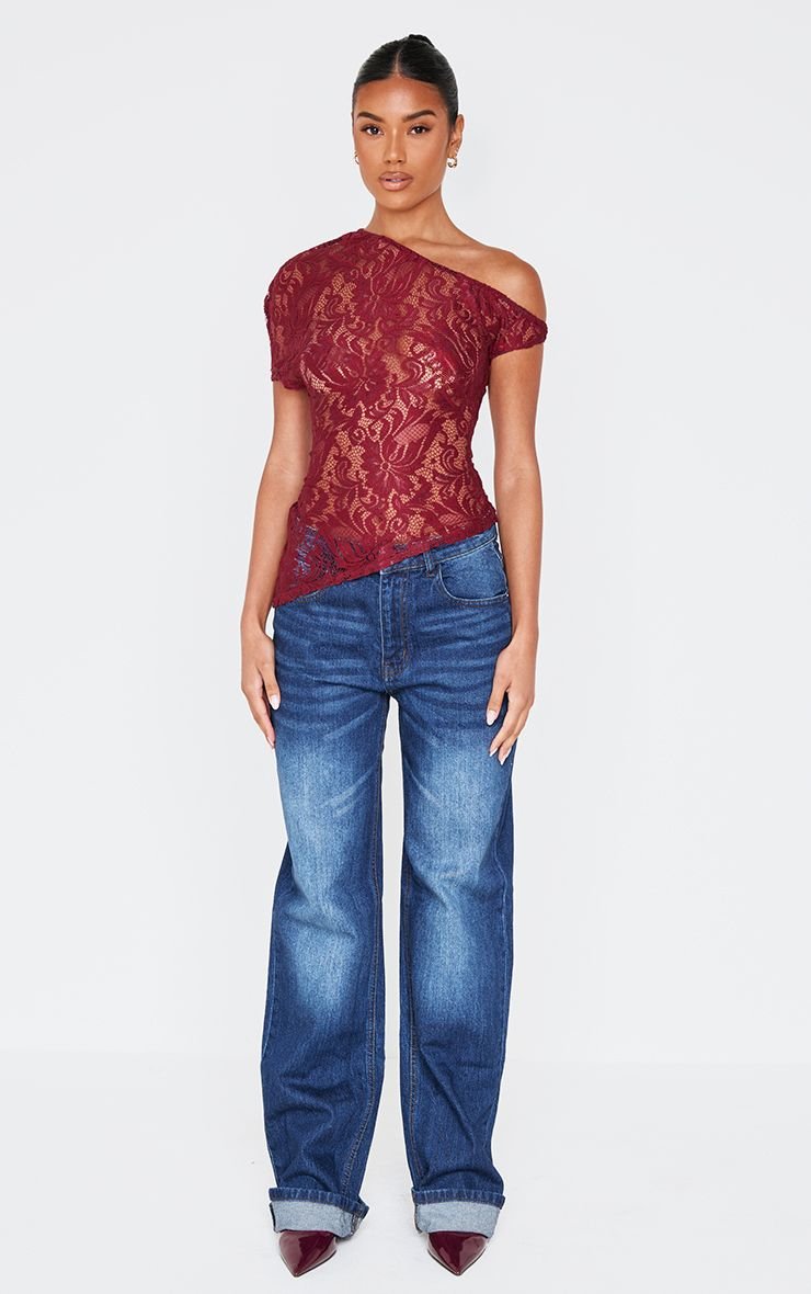 Lace detail asymmetric longline top
