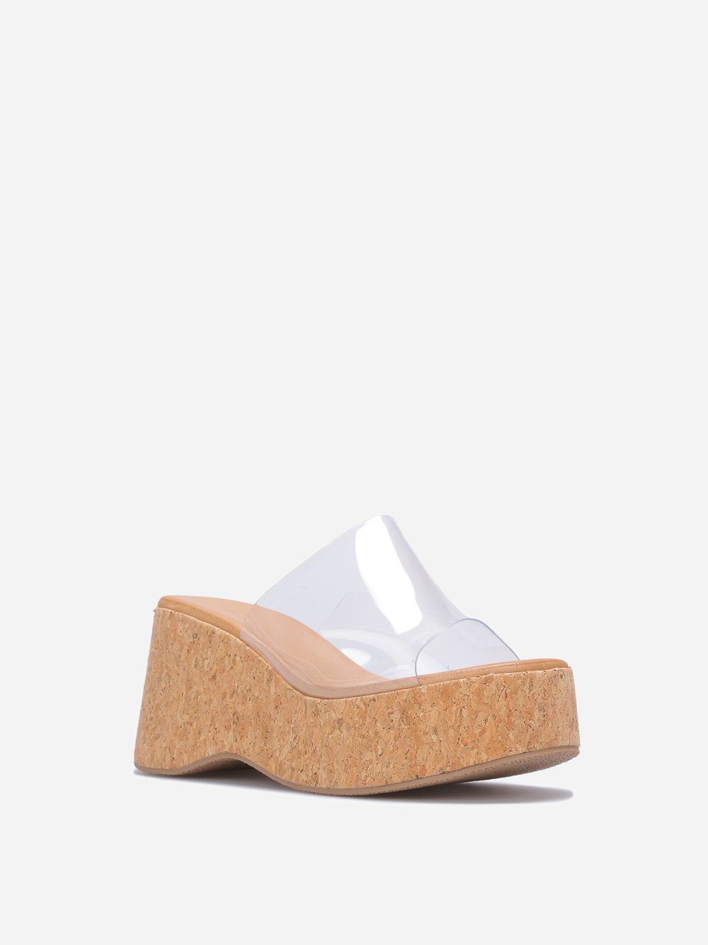 Wedge mules with wide clear strap