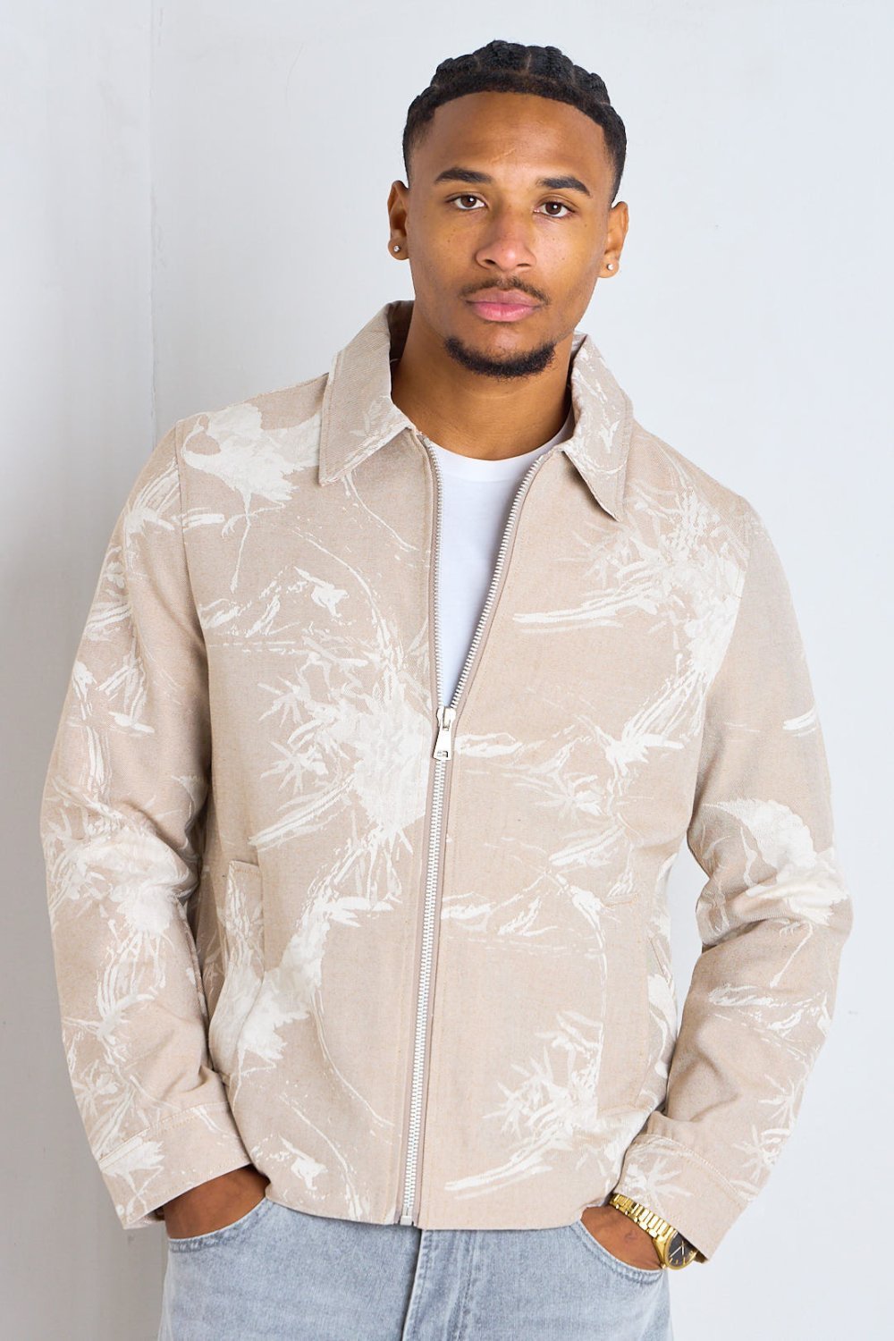 Veste zippée imprimée à col à revers beige