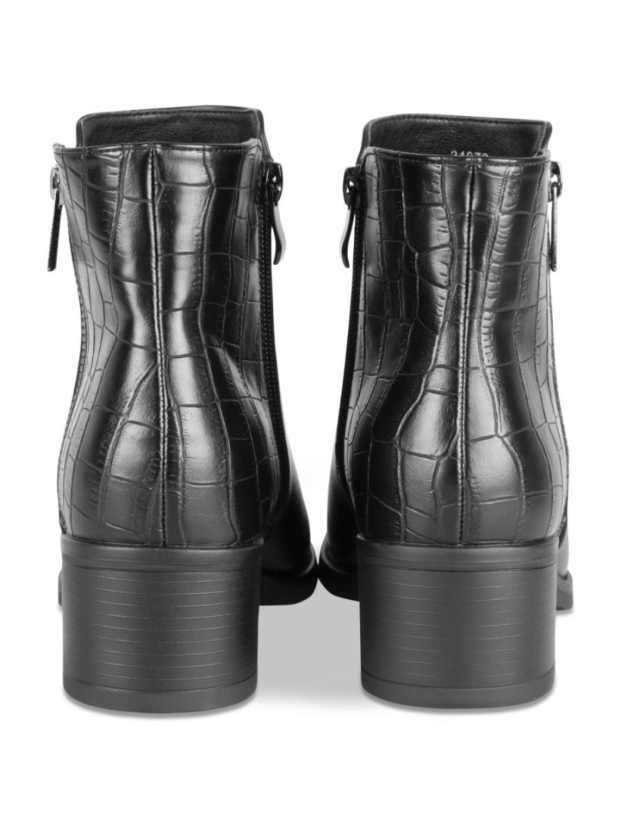 Bottines talon carré effet croco noires