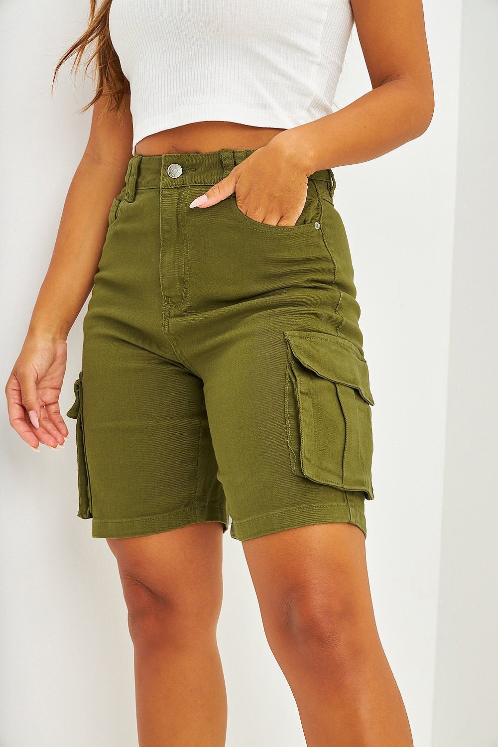Khaki denim cargo shorts