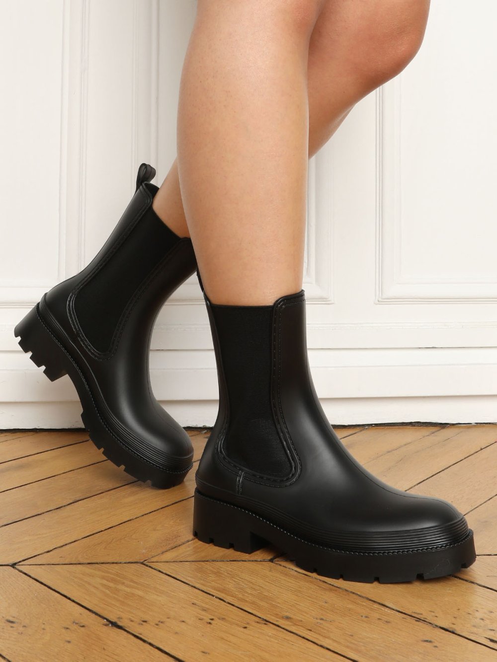 Bottines de pluie chelsea crantées noires